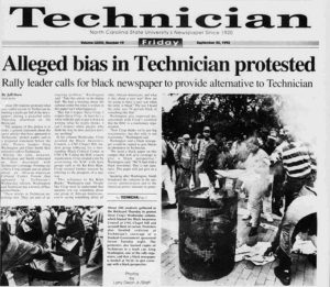 Technician article on students protesting biased articles in the paper by burning copies of the paper in the technician. 